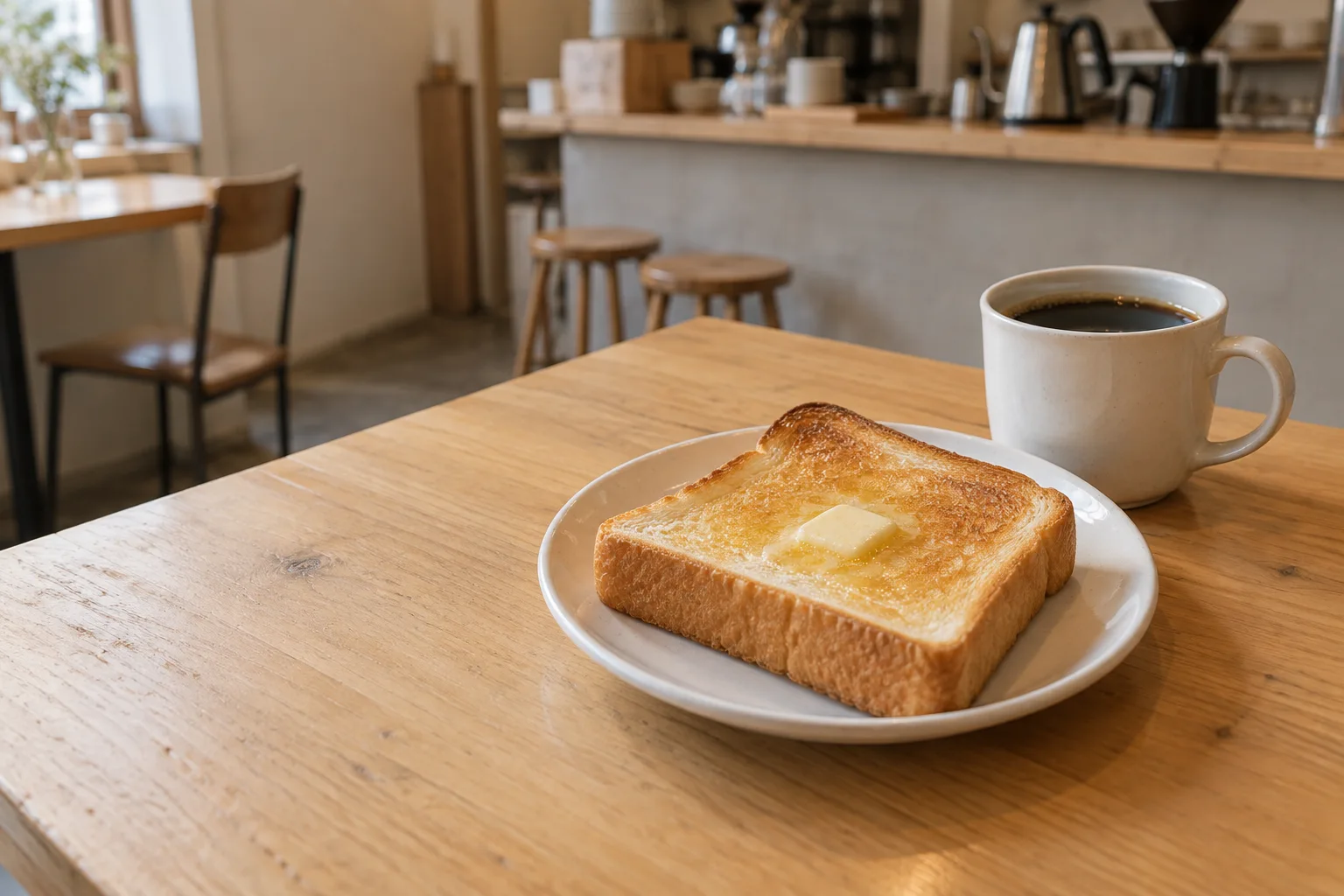 朝の光が入るテーブルにあるトーストとコーヒー